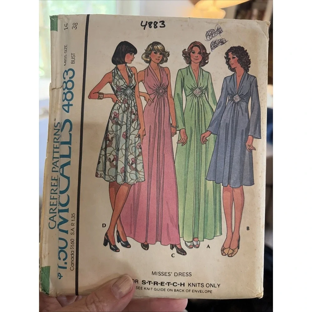 Vintage 1975 McCalls Dress Sewing Pattern 4883 Size 16 Uncut 70s Maxi Midi